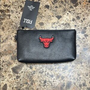 Black Leather Toiletry Bag with Bulls Emblem